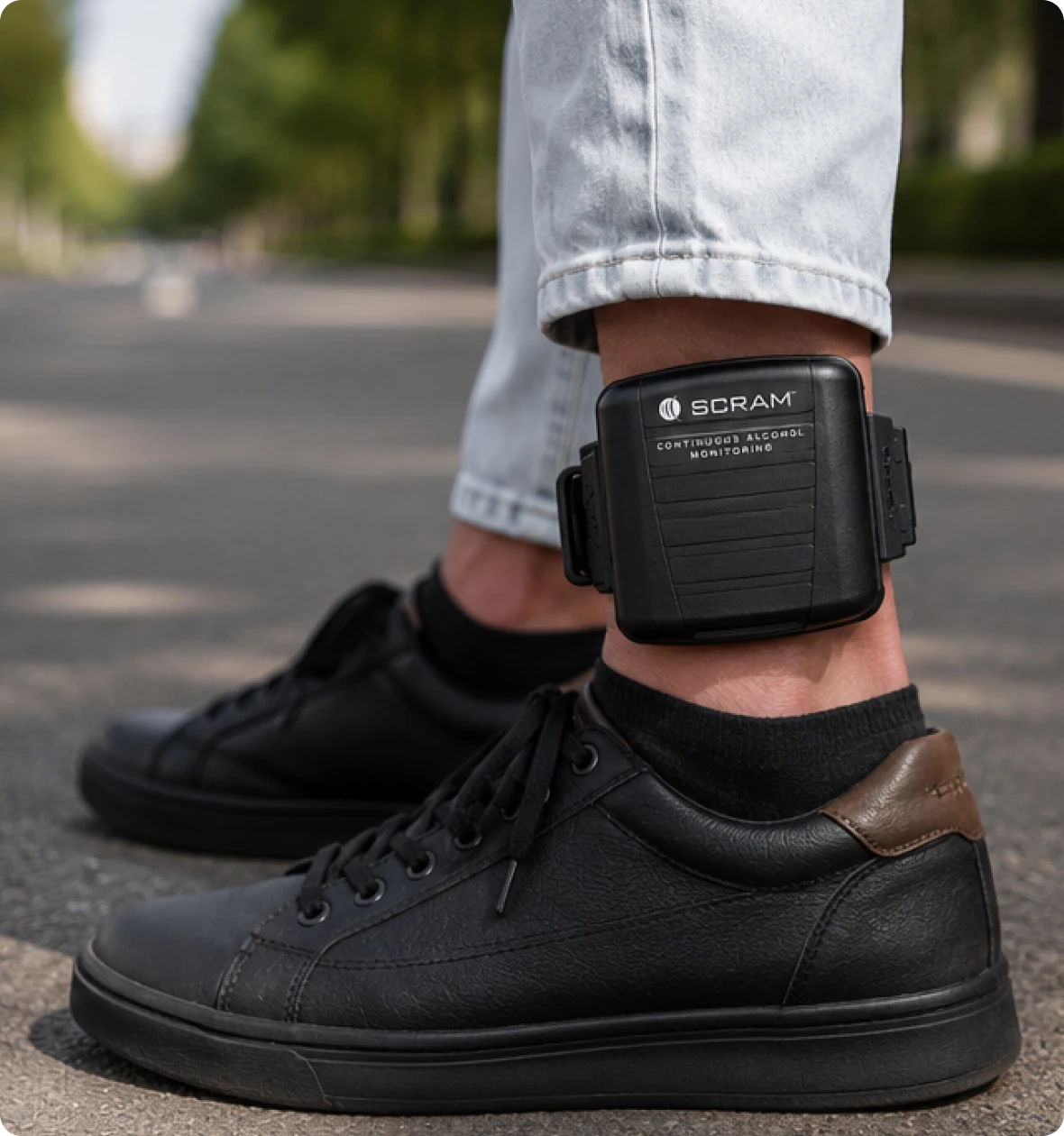 Person wearing alcohol monitoring ankle bracelet